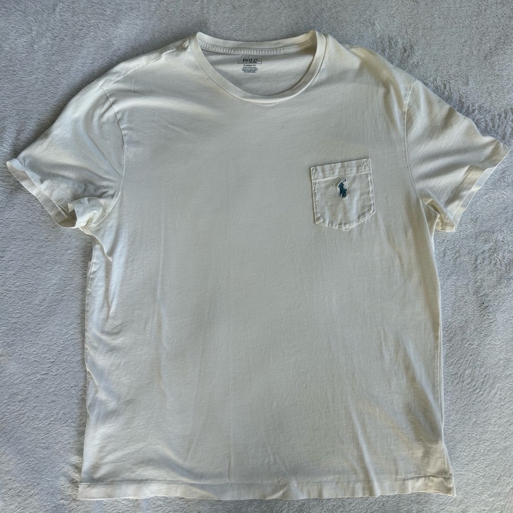 Men’s Polo by Ralph Lauren Cream Crew Neck Pocket Tee with Navy Pony